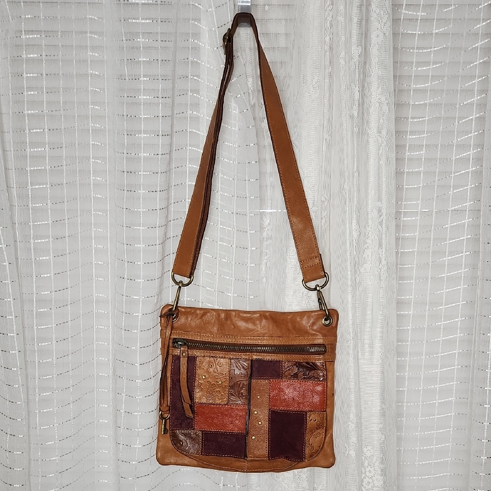 Y2K Hippy Boho Fossil leather Embossed patchwork crossbody bag in brown